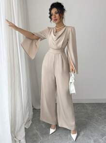 Elenzga Women's Elegant Draped Neck Cinched Waist Satin Jumpsuit