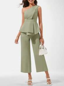 Ellevyn 1pc Women 2 Pieces Set: Asymmetrical Ruffle Waist Jumpsuit - Mint Green - View 10