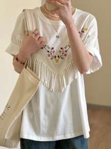 FRIFUL 女士花朵刺绣流苏圆领宽松短袖T恤，田园风，Y2K夏季上衣可爱上衣 - 白色 - 查看 6
