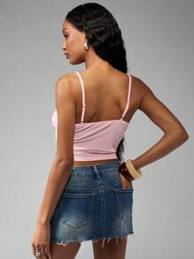 MISSGUIDED Tie Front Cami Top Ribbed Summer Crop Tank Bustier Style Spaghetti Strap Ruched Front Sleeveless Basic Essential Festival Y2K Style Camisole - Pink - View 2