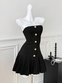 Comfortcana Vestido mini de mujer de verano con botones frontales, plisado en el bajo y bandeau de unicolor - Negro - Ver 1