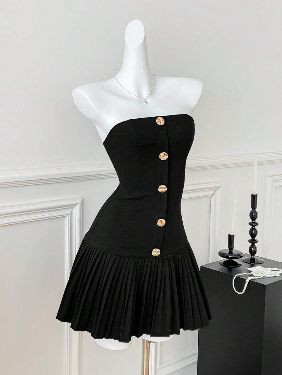 Comfortcana Vestido mini de mujer de verano con botones frontales, plisado en el bajo y bandeau de unicolor - Negro - Ver 1