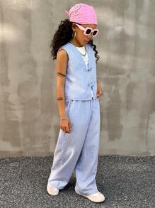 Coolane Kids Tween 女童春夏条纹浅蓝色套装、两件套服装、亲子服装 - 藍色 - 查看 5