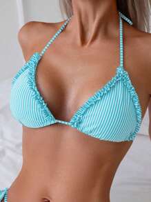 SHEIN Swim Women's Striped Print Ruffle Halter Backless Bikini Top - Mint Blue - View 1