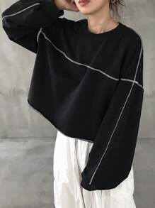 FRIFUL Women's Gray Loose Short Crew Neck T-Shirt With Contrast Trim, Spring,Fall Clothes Preppy Tops Long Sleeve Women Tops - Black - View 7