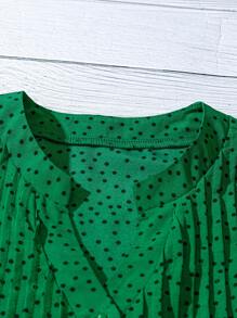 SHEIN LUNE 女士圆点印花荷叶边袖 H 型设计休闲宽松衬衫，适合度假和日常穿着 - 綠色 - 查看 3
