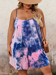 SHEIN CURVE+ Mono casual con pliegues y efecto tie-dye con tirantes de espagueti para mujer de talla grande para verano, Curve Plus, Hoho - Atuendos para vacaciones/playa para mujer, vestido de playa, atuendos para vacaciones en la playa, artículos esenciales de playa, vestido para graduación/té.