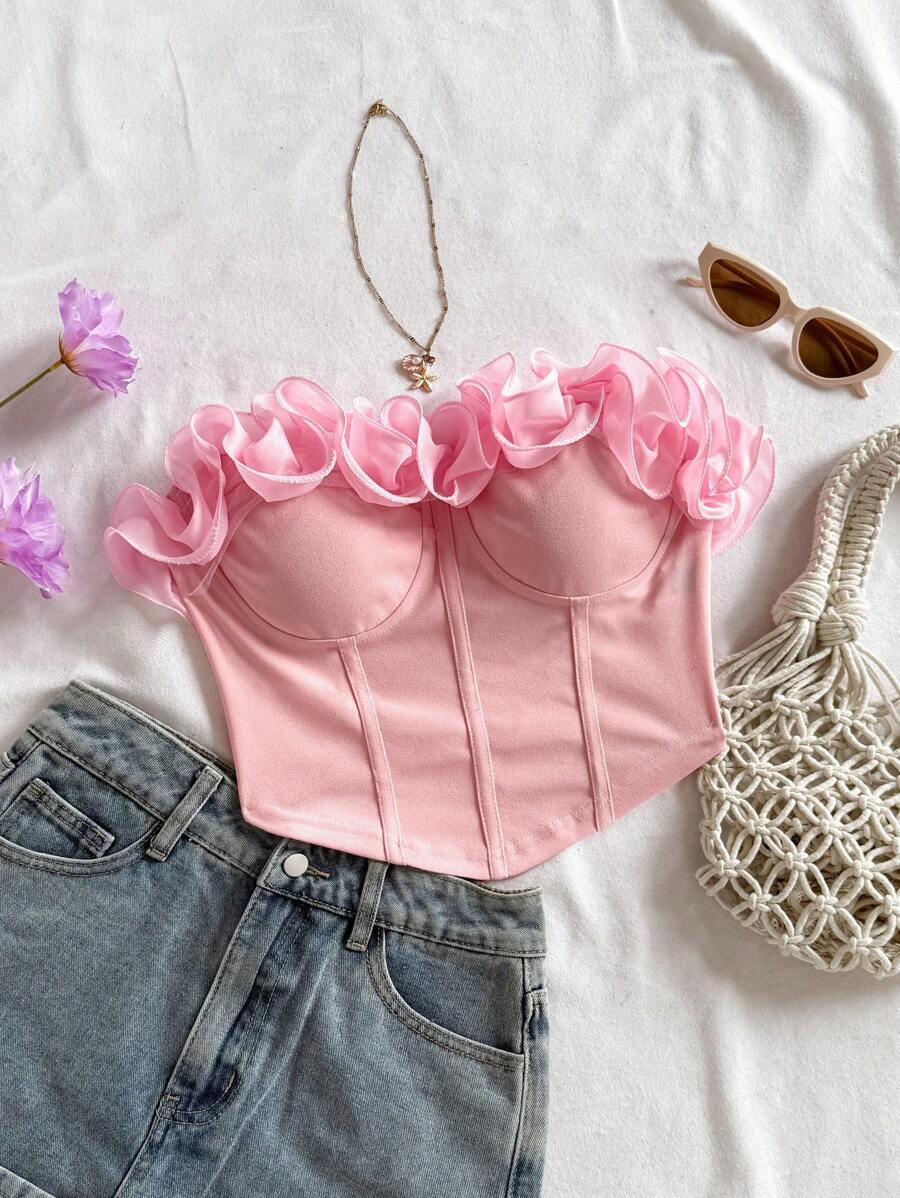 Soleia Top ajustado con volantes romántico y sexy, adecuado para vacaciones, citas nocturnas, San Valentín, té de la tarde - Rosa Pálido - Ver 1