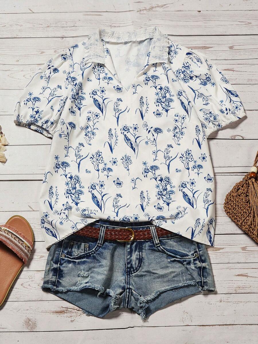 Chiquease Áo cánh tay ngắn họa tiết hoa cổ chữ V giản dị dành cho nữ, mùa hè - trắng - Xem 1