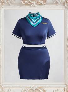 SHEIN Plus Size Women's 4pcs/Set Striped Short Sleeve Wireless Lingerie Set - Navy Blue - View 6