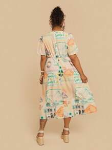 Travachic Plus Size Women's V-Neck Front Twist Knot Tropical Print Short Sleeve Dress, Vacation Casual,Beach Dress Sundress,Holiday Outfits Boho - Multicolor - View 2