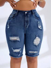 SHEIN SXY Plus Size Autumn Washed High Elasticity Ripped Denim Bermuda Shorts - Medium Wash - View 5