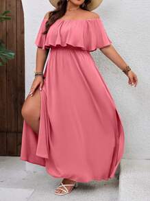 SHEIN VCAY Plus Size Vacation Ruffled Off Shoulder Dress - Coral Pink - View 3