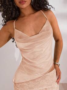 Opulessa Sexy Asymmetrical Hem Rhinestones Embellished Draped Neck Top, Suitable For Night Out, Vacation, Beach, Party, Semi-Formal Events, Spring/Summer - Apricot - View 3