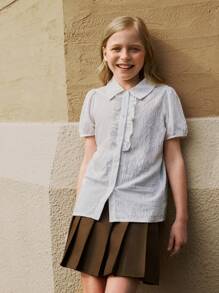 SHEIN Explorewe Tween Girl Textured Puff Sleeve Single-Breasted Casual Shirt - White - View 6