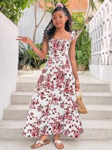 Tween Girl Vacation Casual Ditsy Floral Open Back Long Split Dress - Coral Pink - View 5