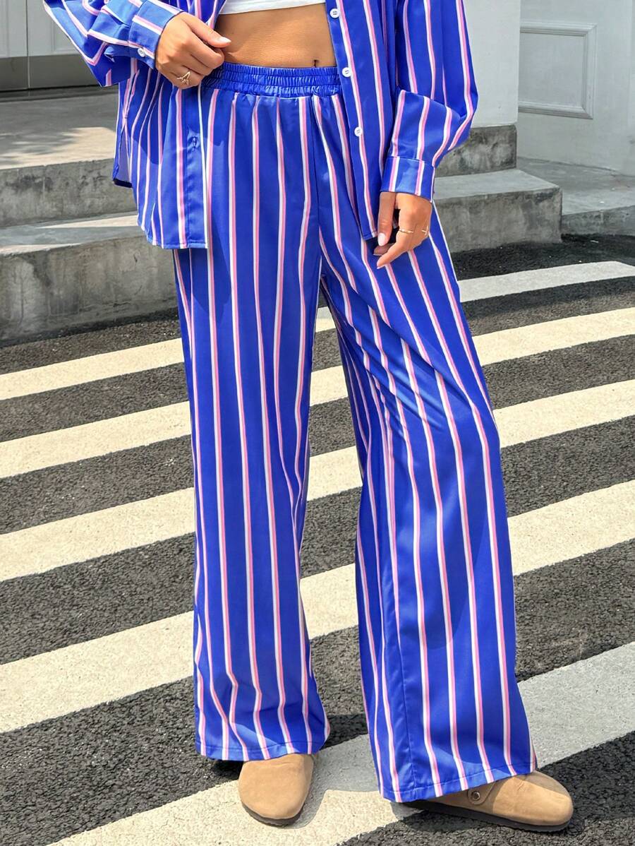 Pantalon rayé décontracté et pratique pour femme - Bleu azur - Voir 1