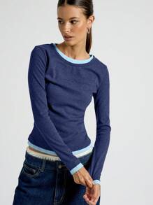 AiiRZ Ribbed Long Sleeve Casual Top With Baby Blue Trim Winter Basic Layer Double Neck Detail Fitted Workout Athletic Running Yoga Fall Essentials