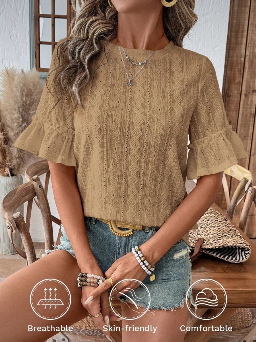 SHEIN LUNE White Crew Neck Knit Texture Women T-Shirt With Ruffle Sleeves, Casual & Versatile - Khaki - View 1