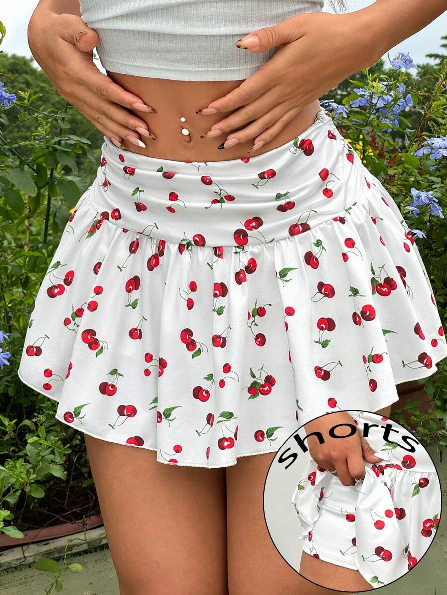 SHEIN EZwear Cherry Print Short Plus Size Women Pleated Ruffle Hem Skirt - Multicolor - View 1