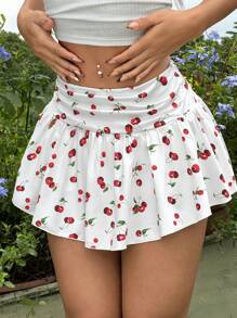 SHEIN EZwear Cherry Print Short Plus Size Women Pleated Ruffle Hem Skirt - Multicolor - View 6