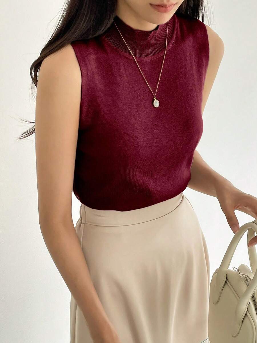 DAZY 女式针织高领轻薄打底衫无袖上衣背心 - 酒紅色 - 查看 1