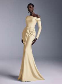 Elitara Elegant Luxury Elastic Knit Swimsuit Ruched Long Sleeve Mermaid Tail Dress, Suitable For Weddings, Bachlorette Parties, Vacation, Prom, Bridesmaids Dress (Adult) - Yellow - View 5