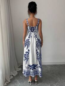 Elenzga Women's Summer Locational Printed Spaghetti Strap A-Line Dress - Navy Blue - View 2