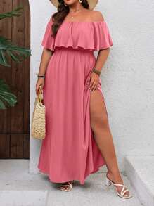 SHEIN VCAY Plus Size Vacation Ruffled Off Shoulder Dress - Coral Pink - View 4