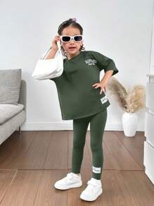 Young Girls & Young Girl Casual Matching Mother-Daughterl 2pcs/Set Letter Print Dropped Shoulder Round Neck T-Shirt And Pants, Casual Outfit, Great For Casual & Daily Wear & School Daily In Spring And Autumn,Valentine's Day,Mom And Daughter Matching,Sister And Me Matching