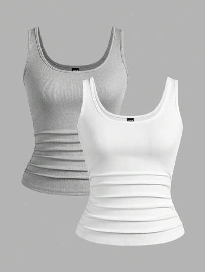 Slaydiva Multiple Sets Of Black + White Casual Basics Crisscross Back Scoop Neck Slim Rib Tank Tops For Women