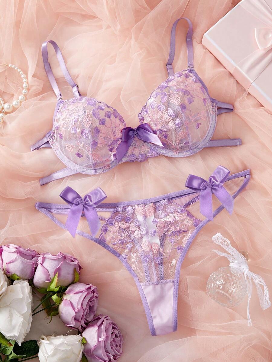 2pcs Emotional Backless Bow Decor Lingerie Set - Purple - View 1