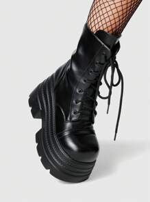 ROMWE Grunge Punk Women's Multi-Layer Platform Round Toe Dark Punk PU Black Mid-Calf Boots, Casual Street Punk Campus Style Spring Shoes For Christmas