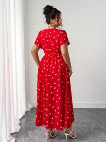Elenzga Romantic Casual Commute Elegant Vacation Style Red V-Neck Polka Dot Short Sleeve Wrap Waist Slit Midi Dress, Long Version, Plus Size Women - Multicolor - View 2