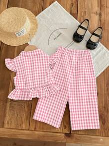 SHEIN LMoss Kids Babygir Thời trang giản dị L mùa hè dễ thương kẻ sọc mũ tay áo quần phù hợp - Hồng - Xem 2