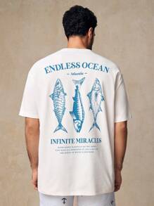 HIMLAND HIMLAND Men's Casual Fish Graphic Print Loose Drop Shoulder Crew Neck Short Sleeve T-Shirt, Suitable For Outdoor, Home, Dating, Beach, White Men Shirt, Graphic Shirts, Summer Men Shirts, Funny T Shirt, Men Summer Clothes, Matching Outfits Couples, Men Gifts, Oversized BeachT-Shirt, Spring Tops