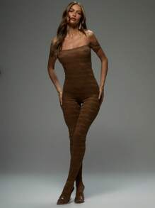 MUSERA Bardot Sleeve 'Musera' Patterned Lace Fitted Unitard Sock Sexy Ibiza Fits Spring Summer Vacation Beach Elegant Sexy Club Spring Summer Vacation Elegant