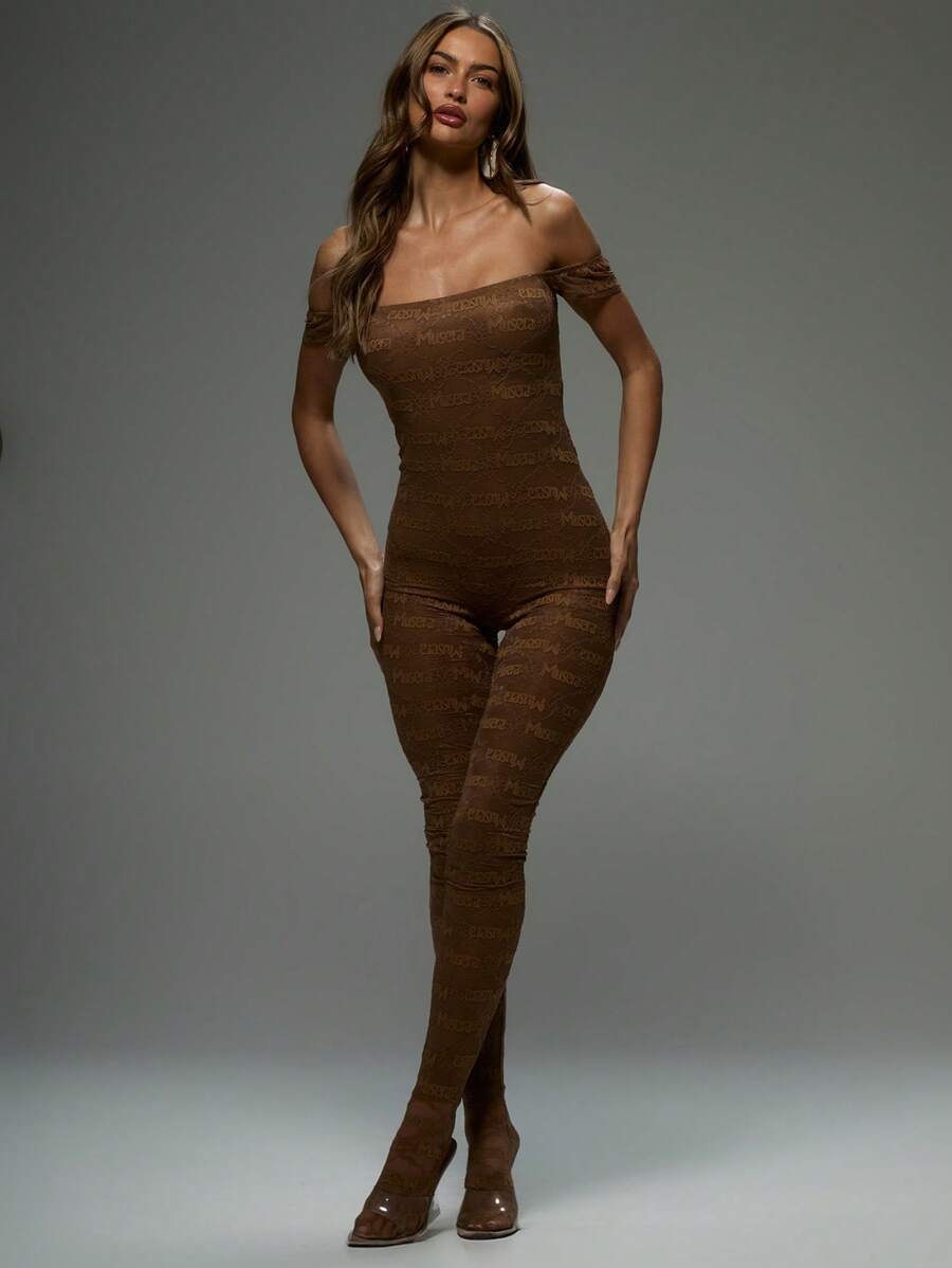 MUSERA Bardot Sleeve 'Musera' Patterned Lace Fitted Unitard Sock Sexy Ibiza Fits Spring Summer Vacation Beach Elegant Sexy Club Spring Summer Vacation Elegant