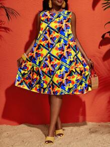 Slaydiva Plus Size Round Neck Sleeveless Printed Simple Casual Short Dress - Yellow - View 1