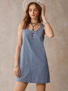 SHEIN LUNE Robe Sans Manches Unicolore À Bouton Avec Poches - Bleu azur - Voir 5