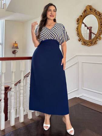 SHEIN Privé Plus Size Elegant Commute & Vacation Long V-Neck Colorblock Splice A-Line Ruffle Striped Contrast Print Dress; Wedding Season Floor-Length Dress