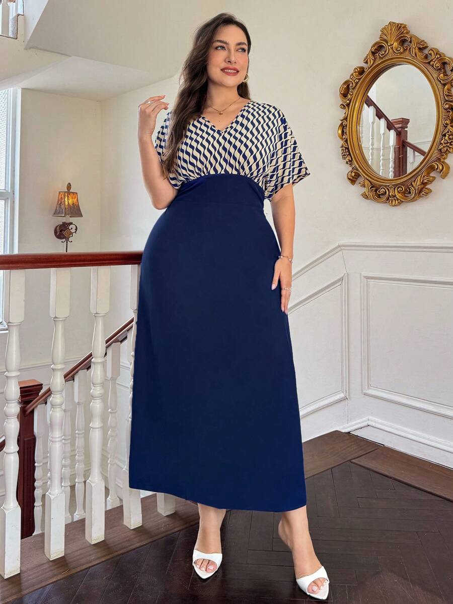 SHEIN Privé Plus Size Elegant Commute & Vacation Long V-Neck Colorblock Splice A-Line Ruffle Striped Contrast Print Dress; Wedding Season Floor-Length Dress - Navy Blue - View 1