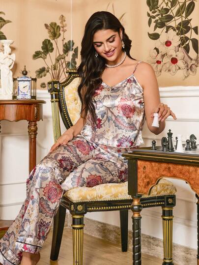 LuxeNights 2pcs Floral Print Satin Camisole And Pants Sleepwear Set For Women
