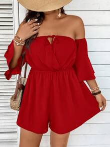 SHEIN VCAY Plus Size Women Off-Shoulder Solid Color Long Sleeve Jumpsuit Romper - Red - View 7