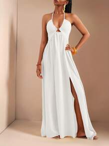 Zivah 新款春夏休闲假日露背露肩胸围、腰围和后背摆裙，前开叉至大腿，黄色海条纹女式超长连衣裙-B - 白色 - 查看 4