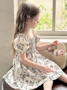 LMoss Kids LMoss   Young Girl Ditsy Floral Gathered Ruffle Puff Sleeve Fitted Casual Dress,Casual Dress Unique Dresses For Girls    Girls Summer Dresses Spring Dresses For Girls Summer Clothes For Girls Spring Girl Clothes - Black and White - View 8