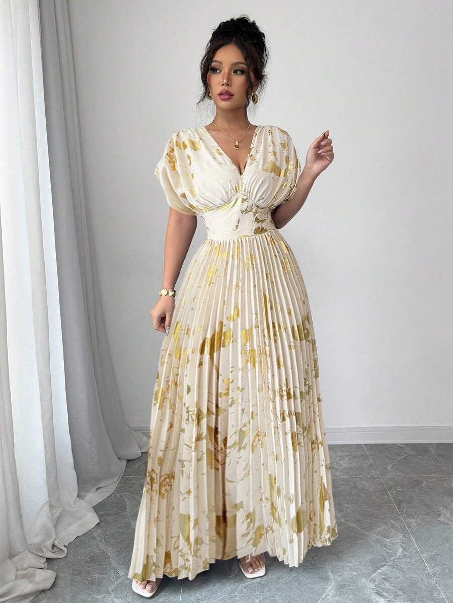Rafferiza 女式 V 领优雅短袖蝙蝠长裙，色块金箔印花前腰可调节抽绳褶皱长裙 - 彩色 - 查看 1