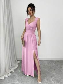 Rafferiza French Elegant Lace Trim V-Neck Wrap Pleated Waist Sleeveless A-Line Open Slit Khaki Dress, Spring & Summer