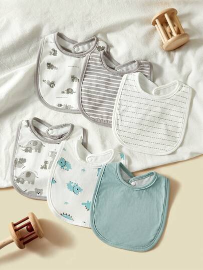 6 件装婴儿动物卡通设计围兜，柔软透气棉质，适合男孩和女孩，春夏