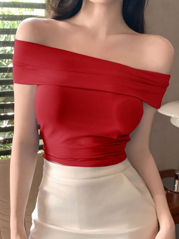 Summer Elegant Solid Color Off Shoulder Fitted T-Shirt,Crop Tops Women